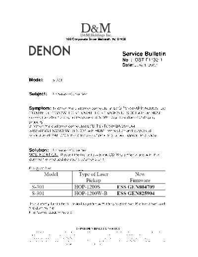 DENON Service Bulletin OST-F1132-1  DENON Home Theatre System Home Theatre System Denon - S-301 Service Bulletin OST-F1132-1.PDF