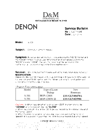 DENON Service Bulletin OST-F1346  DENON Home Theatre System Home Theatre System Denon - S-301 Service Bulletin OST-F1346.PDF