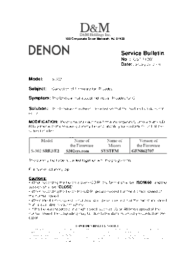 DENON Service Bulletin OST-F1260  DENON Home Theatre System Home Theatre System Denon - S-302 Service Bulletin OST-F1260.PDF