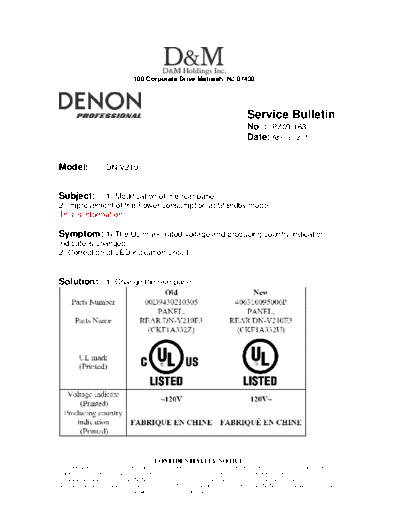 DENON Service Bulletin PZ09-163  DENON Network Audio Video Player Network Audio Video Player Denon - DN-V210 & DN-V310 Service Bulletin PZ09-163.PDF