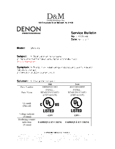 DENON Service Bulletin PZ09-164  DENON Network Audio Video Player Network Audio Video Player Denon - DN-V210 & DN-V310 Service Bulletin PZ09-164.PDF
