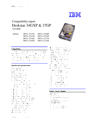 IBM Deskstar 34GXP & 37GP Compatibility Summary v1.0 - Abridged  IBM Deskstar 34GXP & 37GP Compatibility Summary v1.0 - Abridged.pdf