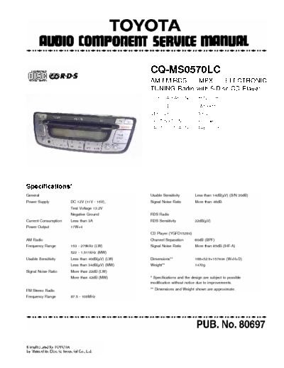 Panasonic CQ-MS05070LC Service Manual Car Audio for: Toyota AYGO, Peugeot 107, Citroen C1. Part 1/2