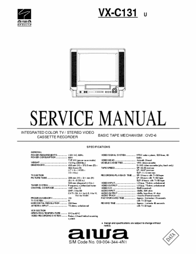 Aiwa VX-C131 (U) Service Manual Integrated Color Tv/Stereo Video Cassette Recorder [Tape Mech. OVD-6] - Part 1/3, pag. 98
