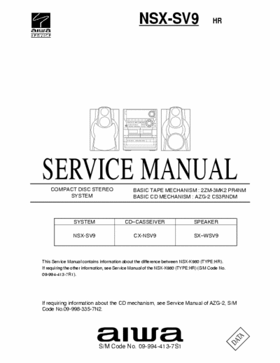 Aiwa NSX-SV9 Service Manual Cd Stereo System - Tape mech. 2ZM-3MK2 PR4NM, Cd mech. AZG-2 CS3RNDM - (6.228Kb) 5 Part File - pag. 10