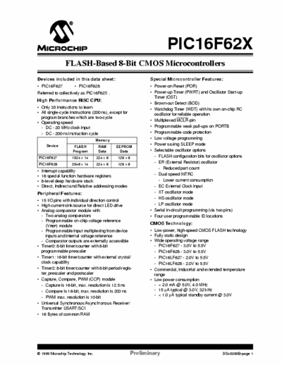 Microchip 16F627-8 FLASH-Based 8-Bit CMOS Microcontrollers