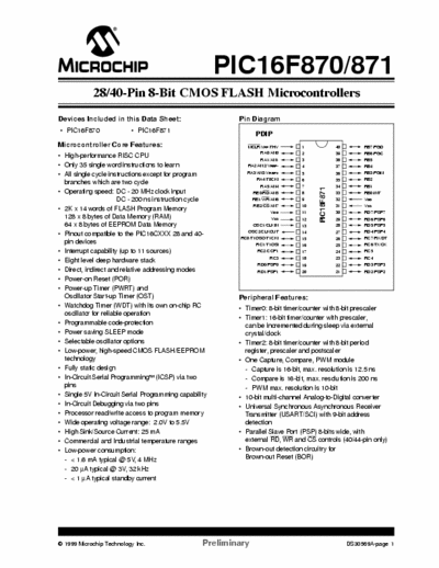 Microchip PIC16F870 28/40-Pin 8-Bit CMOS FLASH Microcontrollers