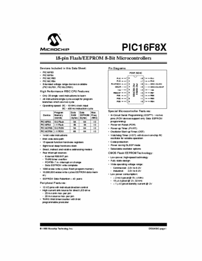 Microchip PIC16F8X 18-pin Flash/EEPROM 8-Bit Microcontrollers