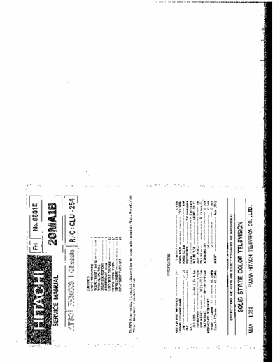 Hitachi 20MA1B Hitachi Solid State Color Television
Models: 20MA1B
Chassis: FH92XS-1
Service Manual