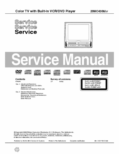 Phillips 20MC40306 Complete 128 page service manual for Phillips color TV w/ built in VCR/DVD player, model # 20MC40306/37.