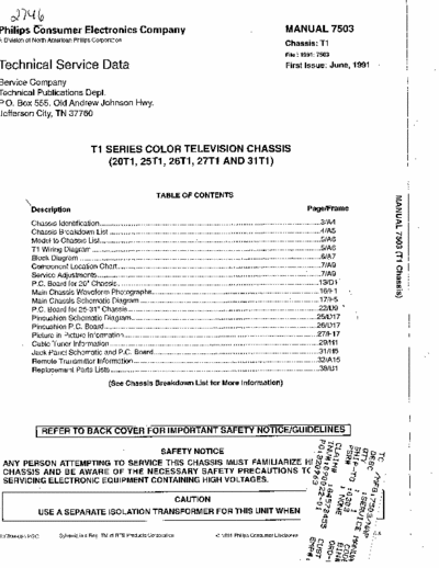 Philips 20T1 Part 1 of 3 of a 40 page service manual # 7503 for Philips color TV model # 20T1 with T1 chassis