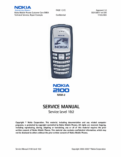 Nokia 2100 NAM2 2100 NAM2 v1 Service Manual Level 1/2 V1 Uploaded By LBOZ GSM