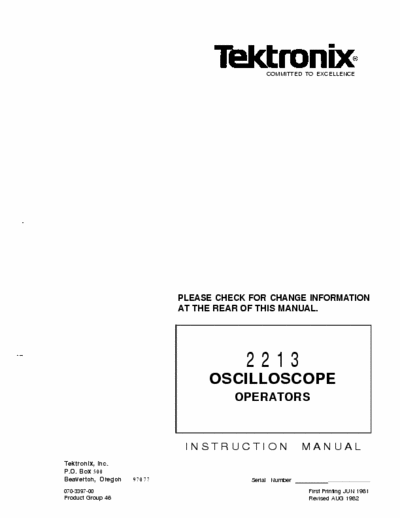 Tektronix 2213 Oscilloscope Tektronix Model 2213 Manual