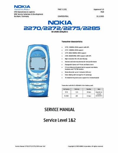 Nokia 2270 2272 2275 2285 2270 2272 (RH-3P) 2275 (RH-3DNG) 2285 (RH-3) Service Manual Level 1/2 V1 Uploaded By LBOZ GSM