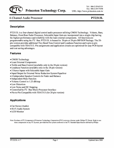 Princetown PT2313 PT2313 V1.7 newer Version Datasheet, Audio Processor compatible to ST TDA 7313