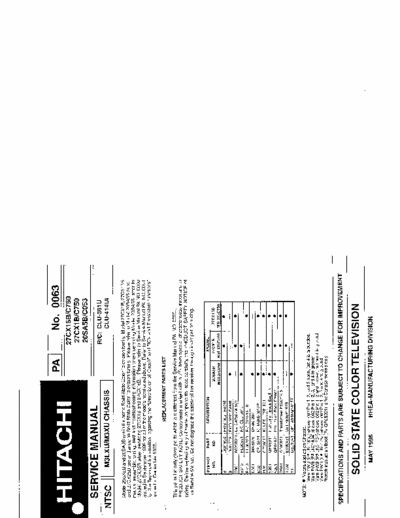 Hitachi 27CX15B Hitachi Solid State Color Television
Model:27CX15B/C750, 27CX1B/C750, 20SA5B/C053 
Chassis: M3LXU/M3XU
Replacement Parts