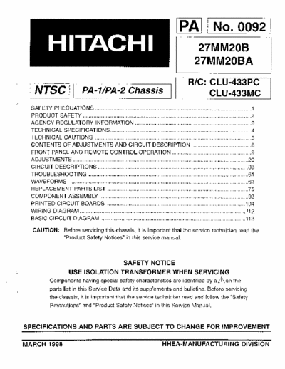 Hitachi 27MM20B Hitachi TV
Models:27MM20B,27MM20BA 
Chassis: PA-1, PA-2