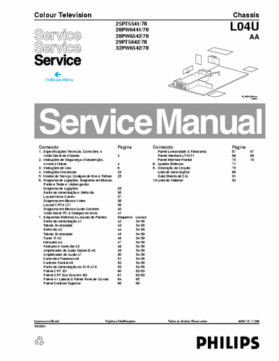 Philips 29PT5642 Schematic in portuguese, valid for models:
25PT5541/78
28PW6441/78
28PW6542/78
29PT5642/78
32PW6542/78

Uses chassis L04