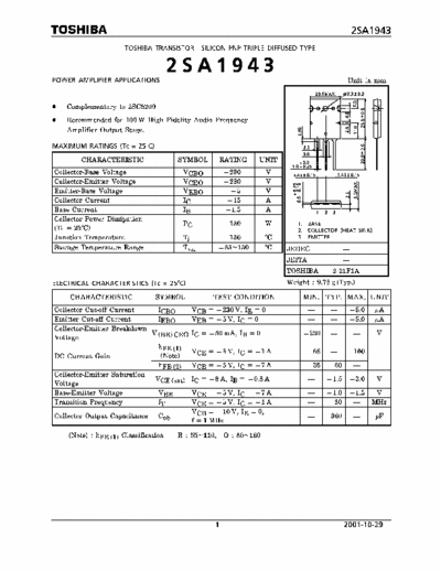 Toshiba 2SA1943- TRANSISTOR SILICON PNP-NPN TRIPLE DIFFUSED TYPE POWER AMPLIFIER APPLICATIONS
NF-HiFi-E, 230/230V, 15A, 150W, 25MHz