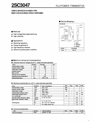 FUJI POWER TRANSISTOR SC3047 FUJI POWER TRANSISTOR