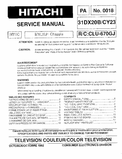 Hitachi 31DX20B Hitachi Color TV
Models: 31DX20B/CY23
Chassis: M1LXU1
Service Manual