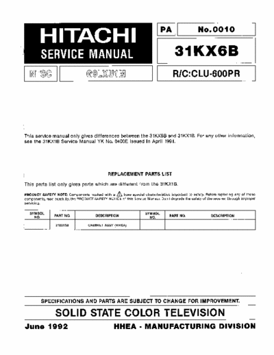 Hitachi 31KX1B Hitachi Solid State Color Television
Model: 31KX1B
Chassis: G9LXU1M
Service Manual