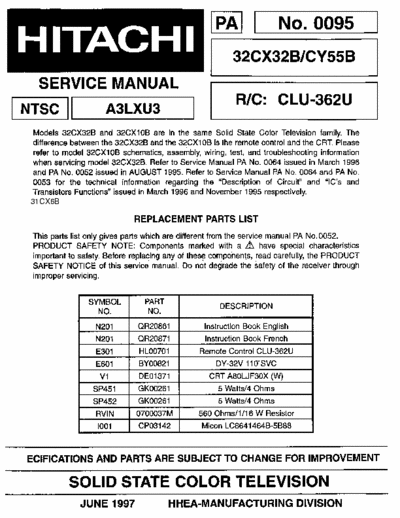 Hitachi 32CX32B Hitachi Solid State Color Television
Models: 32CX32B/CY55B, 32CX10B/CY55, 35TX20B/CZ52, 32CX7B/CY57, 31CX6B/CY56, 31CX5B/CY55, 3503TB/CZ52, 3194TB/CY56
Chassis: A3LXU2, A3LXU3
Service Manual
