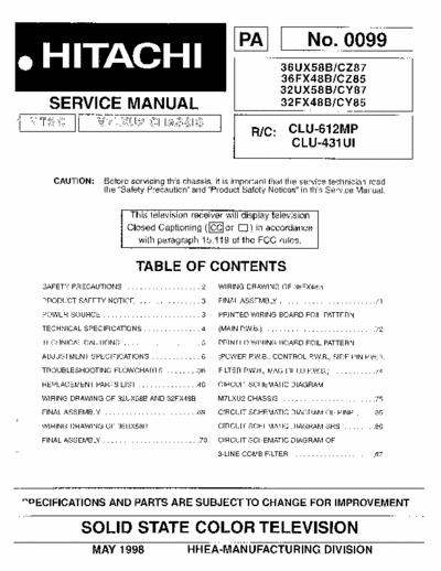 Hitachi 36UX58B Hitachi Solid State Color Television
Models:36UX58B/CZ87, 36FX48B/CZ85, 32UX58B/CY87, 32FX48B/CY85
Chassis: M7LXU2
Service Manual