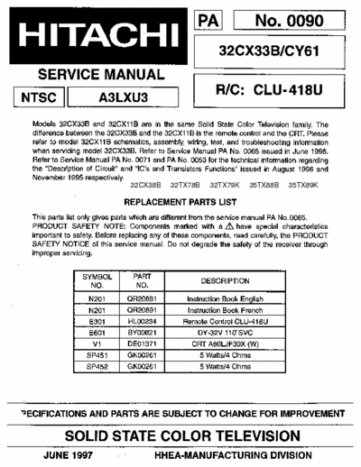 Hitachi 32CX33B Hitachi Solid State Color Television Models:32CX33B/CY61,32CX38B/CY61, 32CX11B/CY61, 32TX78B/CY60, 32TX79K/CY60, 35CX30B/CZ63, 35TX88B/CZ63, 35TX89K/CZ63
Chassis:A3LXU3
 Service Manual