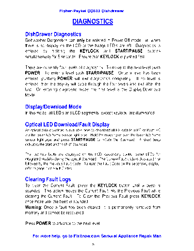 Fisher and Paykel DD603 Fisher and Paykel DD603 dish washer diagnostics manual
