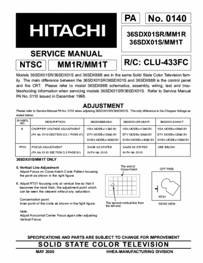 Hitachi 36SDX01SR Hitachi SOLID STATE COLOR TELEVISION
Models:36SDX01SR/MM1R, 36SDX01S/MM1T
Chassis:MM1R/MM1T
Service Manual