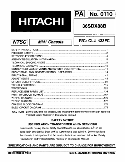 Hitachi 36SDX88B Hitachi TV
Models: 36SDX88B
Chassis: MM1
Service Manual