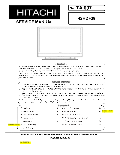 Hitachi 42HDF39 45 page service manual # TA007 for Hitachi 42 inch color plasma monitor model # 42HDF39.