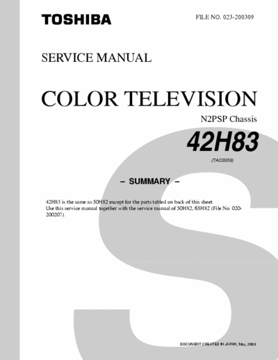 toshiba 42h83 3 part service manual including replacement part #