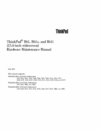 Lenovo R6x ThinkPad R61, R61e, and R61i (15.4-inch widescreen)Hardware Maintenance Manual