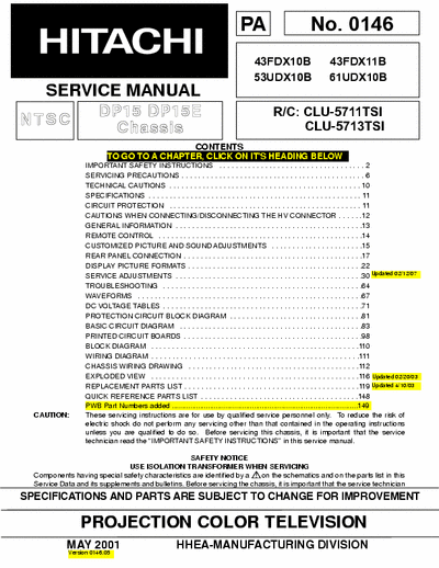 Hitachi 43FDX10B 153 page service manual for Hitachi projection color TV model #s 43FDX10B, 43FDX11B, 53UDX10B & 61UDX10B.          DP15 & DP15E chassis. (NTSC)
R/C: CLU-5711TSI & CLU-5713TSI.     PA No. 0146