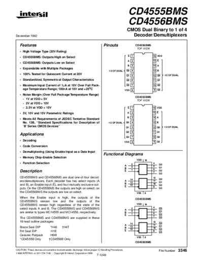 Intersil 4556 Dual Binary to 1 of 4
Decoder/Demultiplexers