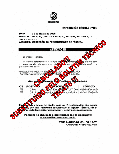 Gradiente TV2922 e GBT2911 As principais circulares técnicas de modificações dos modelos citados.