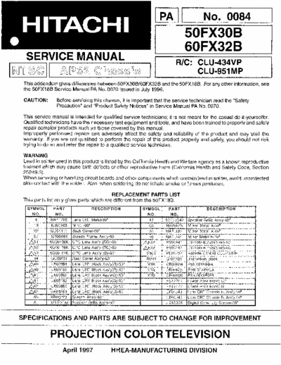 Hitachi 50FX30B 86 page service manual (No. 0084) for Hitachi model #s 50FX30B & 60FX32B projection color TV.  Chassis #  AP62 (NTSC) R/C: CLU-434VP & CLU-951MP.