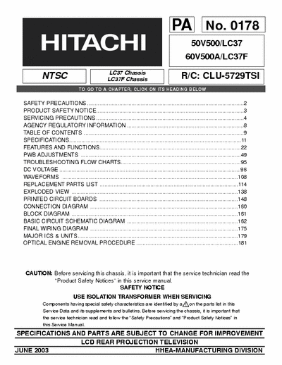 Hitachi 50V500 Hitachi LCD REAR PROJECTION TELEVISION
Models: 50V500/LC37, 60V500A/LC37F
Chassis: LC37, LC37F
R/C: CLU-5729TSI
Service Manual