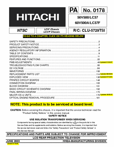 Hitachi 50V500 195 page service manual No. 0178 (Jun 2003) for Hitachi 50 & 60 inch LCD rear projection color TV model 50V500 & 60V500 with LC37 & LC37F chassis.