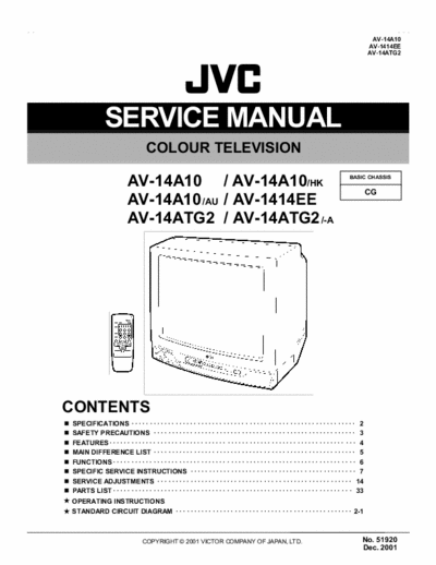 JVC AV-14A10 AV-14A10, AV-1414EE, AV-14ATG2 Color televisions Service Manuals, Schematica and parts list