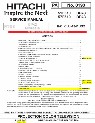 Hitachi 51F510 181 page service manual No. 0190 for Hitachi projection color TV (NTSC) model #s 51F510 & 57F510 chassis No. DP43. R/C: CLU-4341UG2