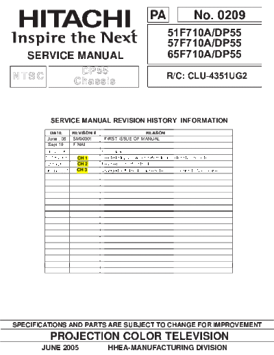 Hitachi 51F710A 186 page service manual No. 0209 for Hitachi projection color TV (NTSC) model #s 51F710A, 57F710A & 65F710A chassis No. DP55. R/C: CLU-4351UG2