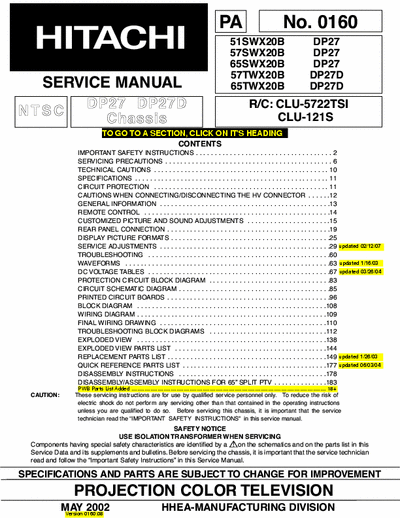 Hitachi 51SWX20B 189 page service manual No. 0160 for Hitachi projection color TV (NTSC) model #s 51SWX20B, 57SWX20B, 65SWX20B, 57TWX20B & 65TWX20B chassis No. DP27 & DP27D. R/C: CLU-5722TSI & CLU-121S