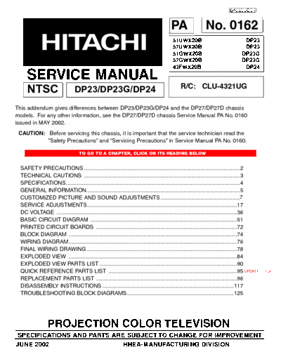 Hitachi 51UWX20B Service Manual for Hitachi CRT Rear projection TV.  Models 51UWX20B, 51GWX20B, 57UWX20B, 57GWX20B, 43FWX20B
8 part .RAR file