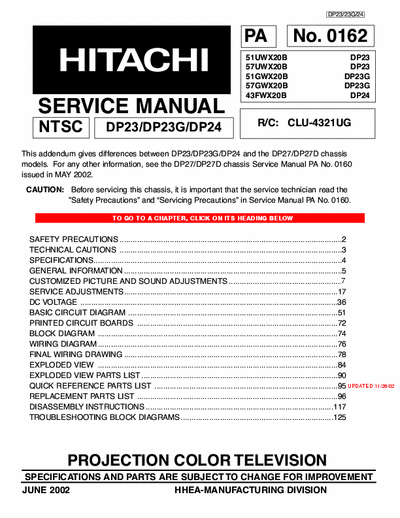 Hitachi 51UWX20B 160 page service manual PA No. 0162 (Jun 2002) for 43, 57 & 57 inch Hitachi projection color TV model #
