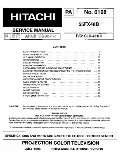 Hitachi 55FX48B 82 page service manual No. 0108 for Hitachi projection color TV (NTSC) model # 55FX48B chassis No. AP82. R/C: CLU-431UI