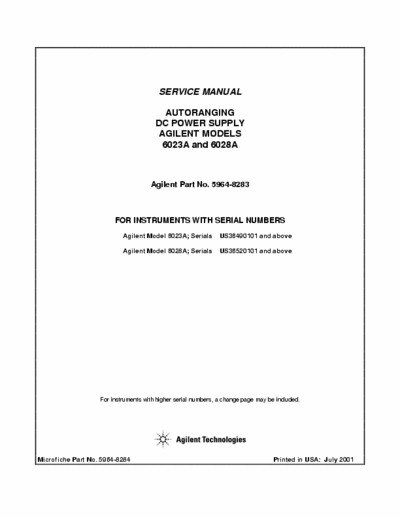 Hewlett Packard HP6023A/HP6028A Autoranging DC Power Supply - Service Manual