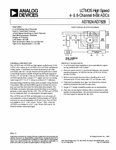 Analog Devices AD7824 / AD7828 AD7824 / AD7828 high speed 4 & 8 channel 8-Bit ADCs